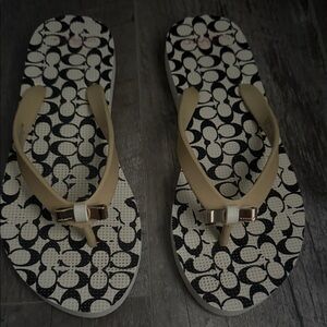 Coach Black and Cream Patterned Flip Flops